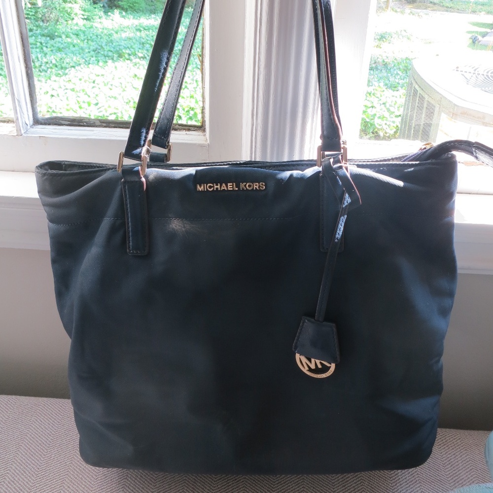 Michael Kors Navy Blue Nylon Tote Purse W/ Gold Hardware
